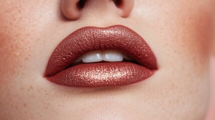 Fototapeta premium Shimmering ruby lipstick rose gold blush and soft metallic brown eyeliner create a sophisticated and glamorous makeup look with a flawless radiant finish