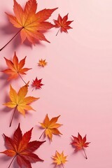 Delicate maple leaves scattered on a soft pink background with subtle shading effects, natural, tree, foliage