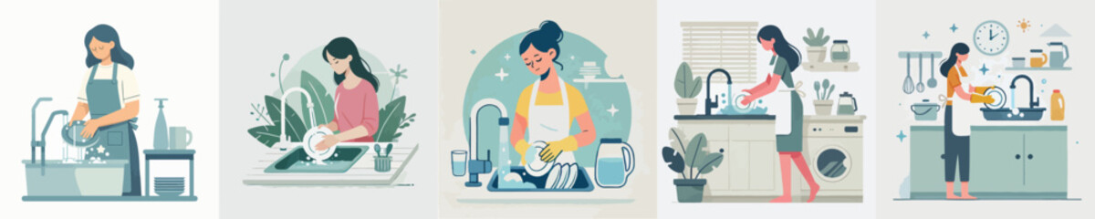 vector of a woman washing dishes