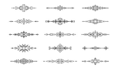 Obraz premium Hand drawn vector dividers. Lines, borders and laurels set. Outline graphics for wedding cards and invitations.
