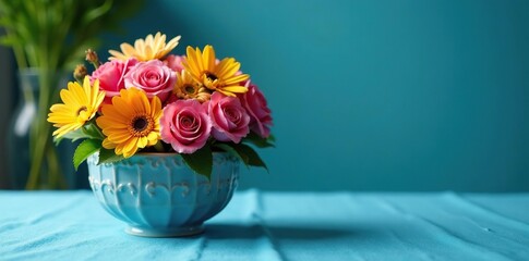 Fresh flowers in a decorative bowl on the blue tablecloth, , centerpiece