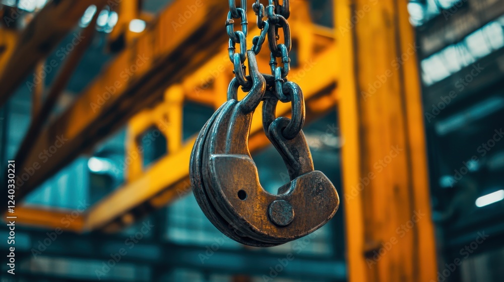 Poster industrial strength: a close-up of a rusty chain hook in a factory setting