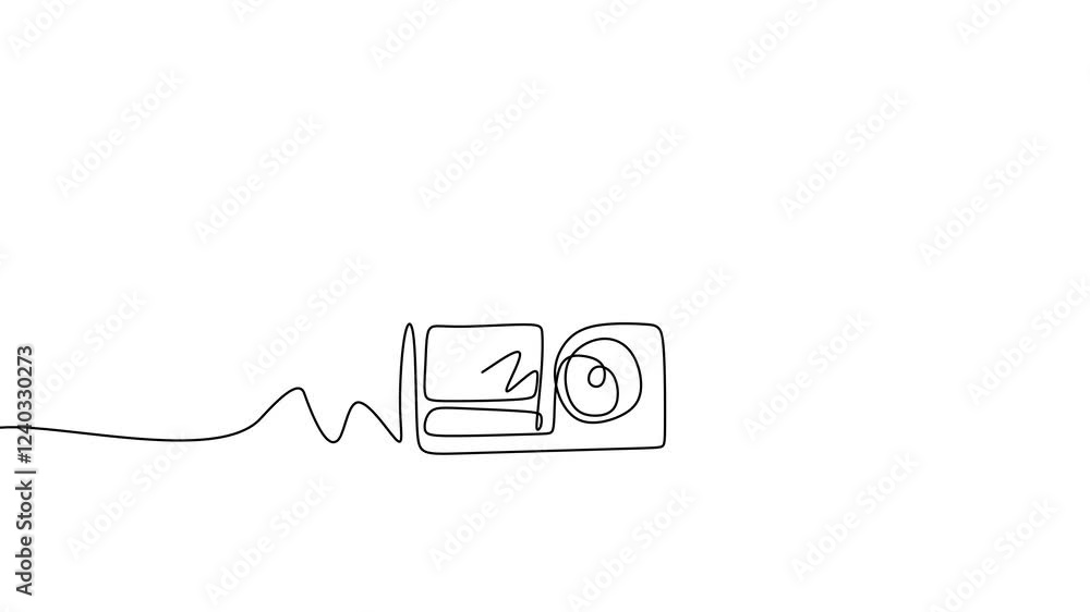 Poster one continuous line drawing animation of retro old fashioned analog radio tape. classic vintage audi