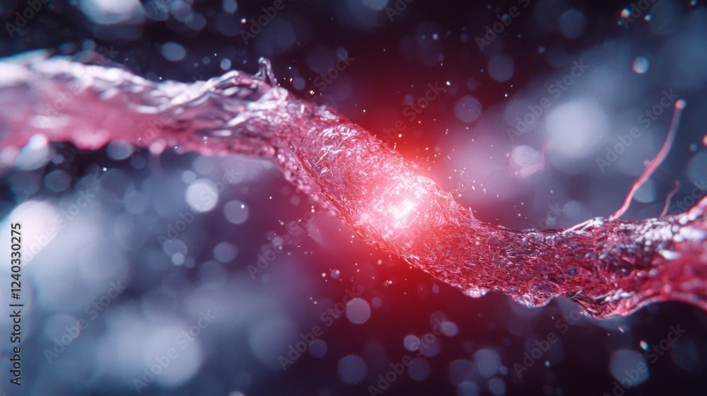 Poster abstract liquid flow with red light and droplets in a dark background for creative designs and visua