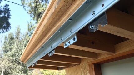 Fototapeta premium Step-by-step view of a rain gutter being attached to fascia with mounting brackets.