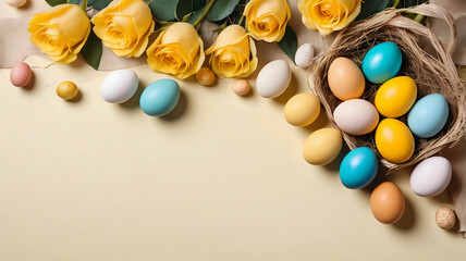 Happy Easter. Easter eggs on colored table with yellow roses. Natural dyed colorful eggs background