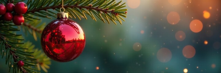 Hanging bright red glass sphere from a fir branch with holly berries, festive gift, seasonally decorated glass, holly berries