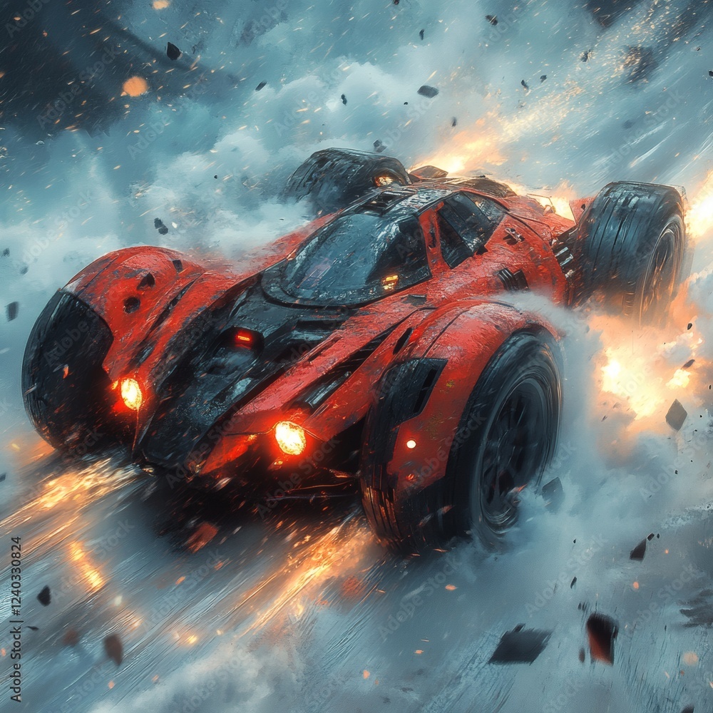 Poster hightech vehicle with a bold design in red and black crashing through smoke and debris in a dramatic