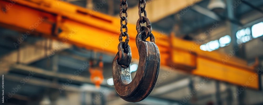 Poster industrial hook and chain close-up in factory setting