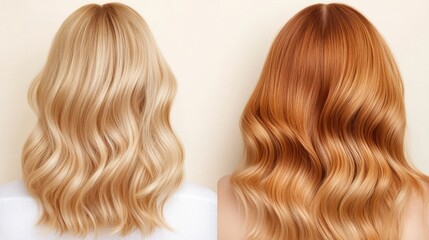 Fototapeta premium Closeup of a woman s head with flowing wavy hair in brilliant blonde and copper highlights suggesting the use of a protein rich hair repair mask or treatment