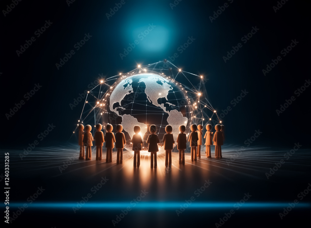 Poster A glowing Earth encircled by a network, surrounded by small figures forming a circle, symbolizing global connection and unity.  A bright light emanates from the planet's core.