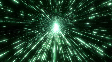 Green light speed, digital tunnel, abstract background