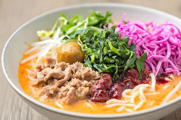 Delicious Asian Spicy Noodle Soup with Meat, Vegetables and Herbs