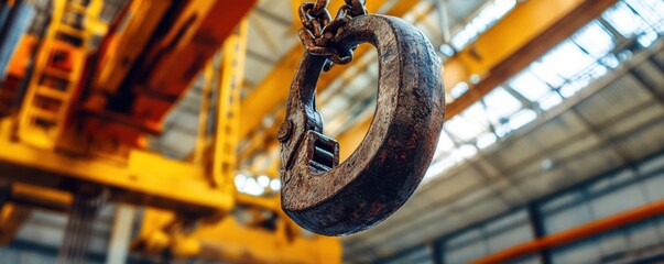 Industrial Crane Hook Close-Up:  A Rusty Metal Hook Hanging from a Chain in a Factory Setting