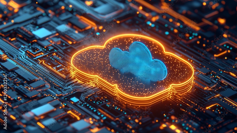 Poster futuristic cloud computing concept with glowing cloud symbol on technology circuit background