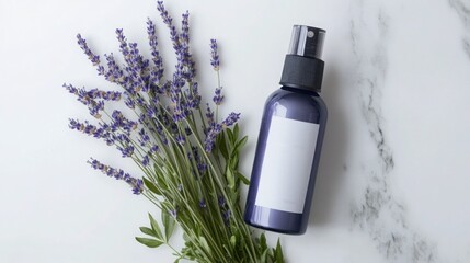 A bottle of lavender-scented calming spray with a minimalist label, placed next to fresh lavender sprigs on a white marble surface.