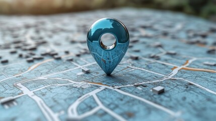 3D city map with hollow location pin. Generative AI