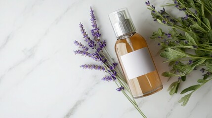 A bottle of lavender-scented calming spray with a minimalist label, placed next to fresh lavender sprigs on a white marble surface.