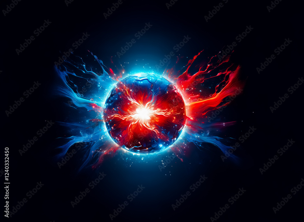 Aufkleber a vibrant sphere explodes with energy, radiating red and blue flames against a dark backdrop. the in
