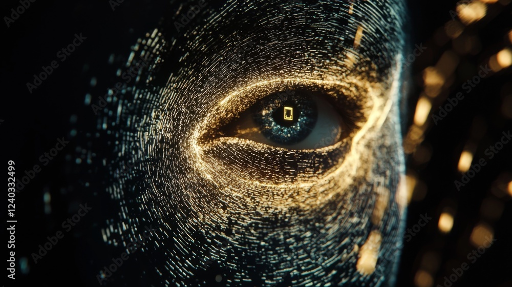 Aufkleber close-up of an abstract human eye with digital particles and glowing effects representing artificial