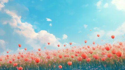 Obraz premium 広がるチューリップ畑と青空｜春の花・幻想的な風景・癒しの自然