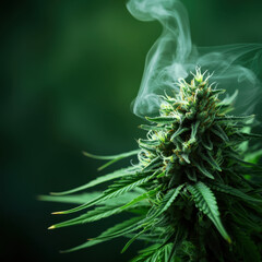 close up of cannabis flower with smoke rising, showcasing vibrant green leaves and intricate details. image evokes sense of tranquility and natural beauty