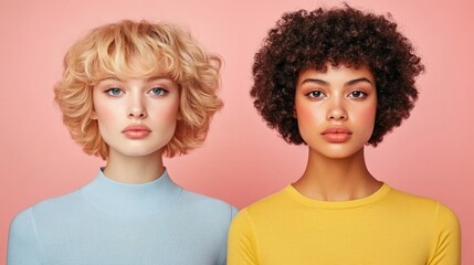 Captivating beauty portrait of a woman with bouncy glossy curls treated with a honey and avocado repair mask creating a radiant healthy and vibrant look against a minimalist pink and yellow backdrop