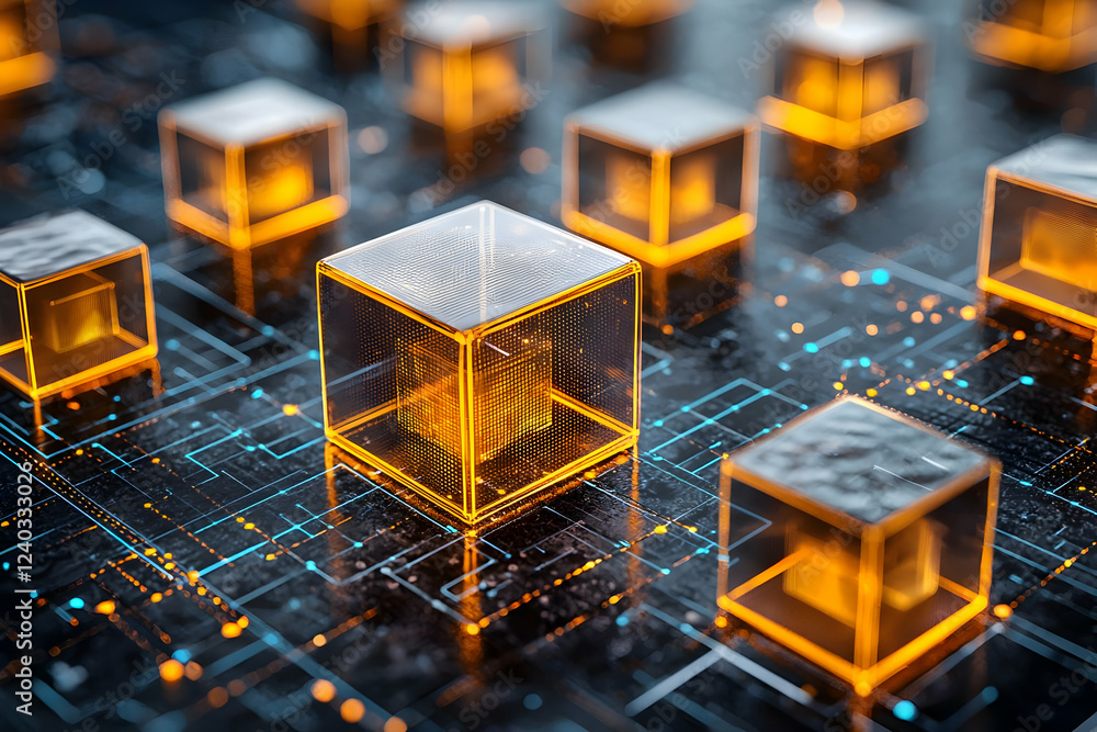 Poster glowing data cubes on circuit board; tech concept