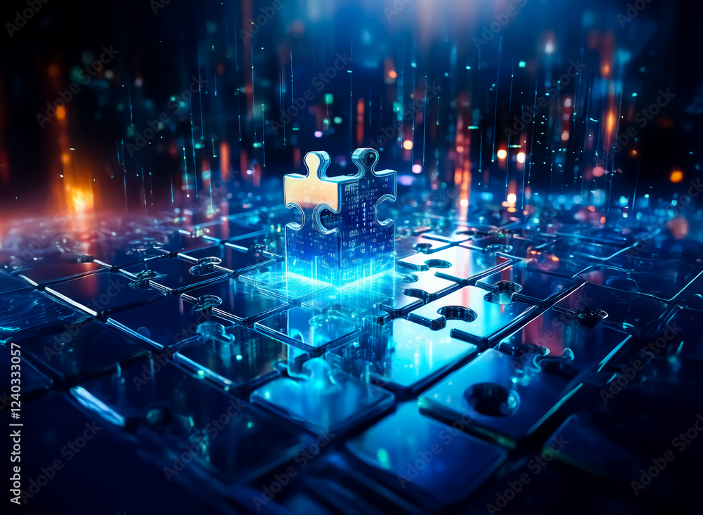Poster A glowing, digital puzzle piece sits atop a reflective surface of other pieces, representing connection and problem-solving within a futuristic, data-driven world.