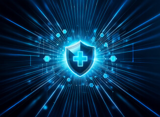 A glowing blue shield with a cross at its center, radiating energy, symbolizes digital health protection and security within a technological environment.