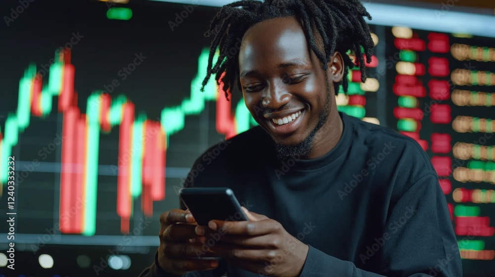Poster smiling young man using smartphone in front of stock market chart with colorful candlestick indicato