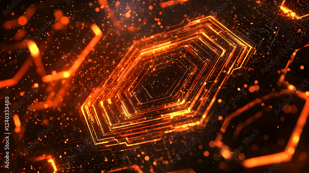 Poster glowing hexagon network, abstract data flow