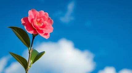 Fototapeta premium Pink Camellia Flower Against Blue Sky and White Clouds