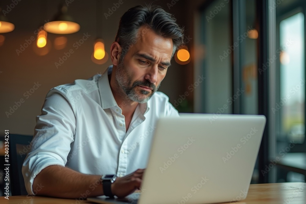 Poster man is sitting at table with laptop in front of him