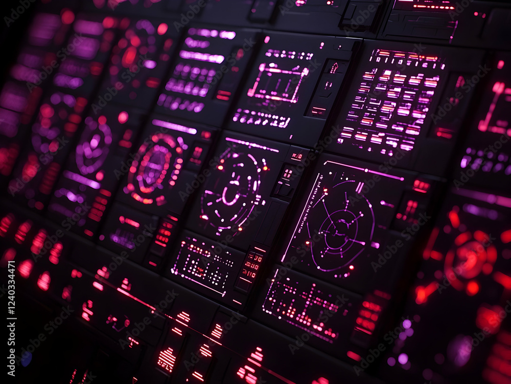 Poster futuristic control panel; pink interface; dark background; digital display; tech design