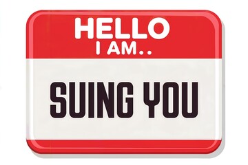 Red and white name tag with bold text humorously stating 'Hello I Am Suing You' conveying a legal theme with a lighthearted twist.