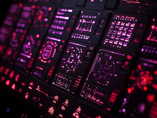 Futuristic control panel; pink interface; dark background; digital display; tech design