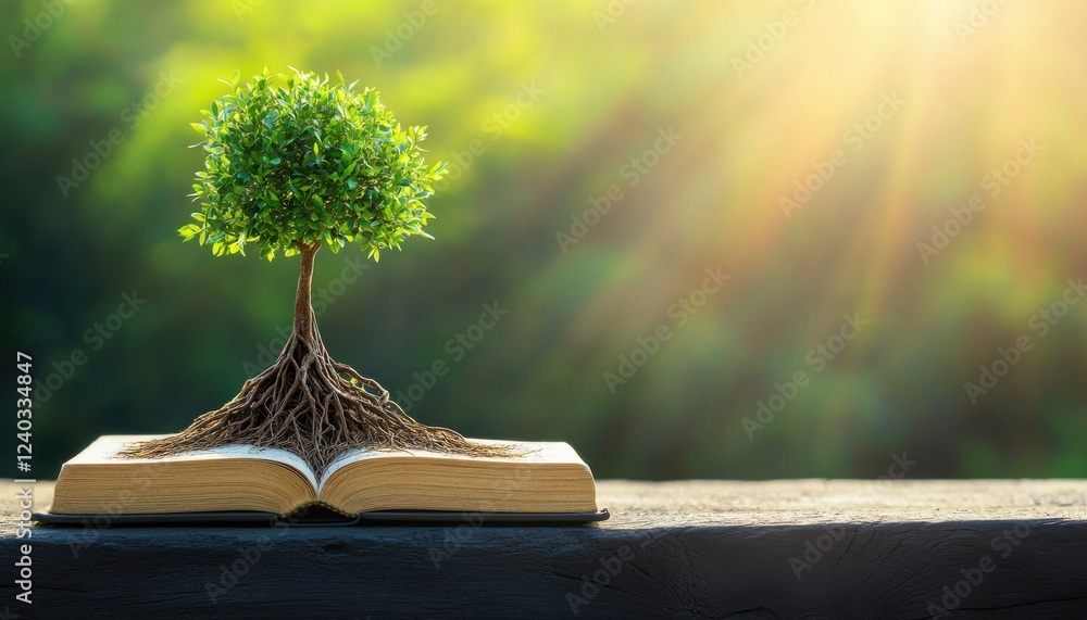 Poster personal growth through lifelong learning. a tree grows from an open book, symbolizing knowledge and