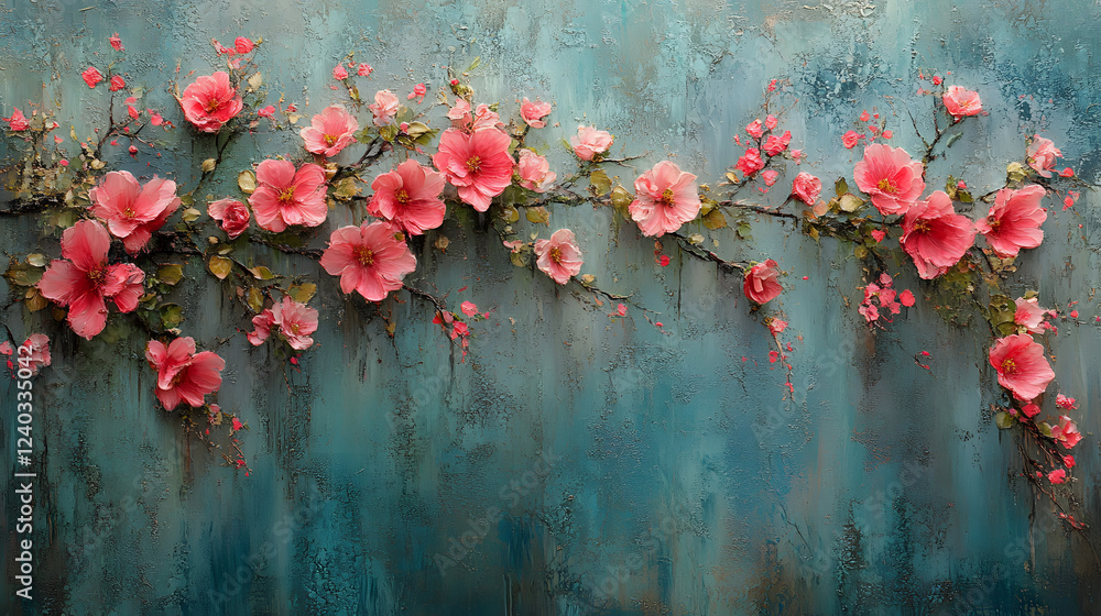 Aufkleber a vibrant display of pink flowers against a textured blue background, creating a striking and colorf