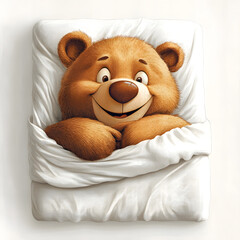 Teddy bear sitting on a bed with a pillow, cute and soft, in a playful and fun cartoon style, featuring brown and white colors, with a heart and love theme, perfect for a child's room or gift