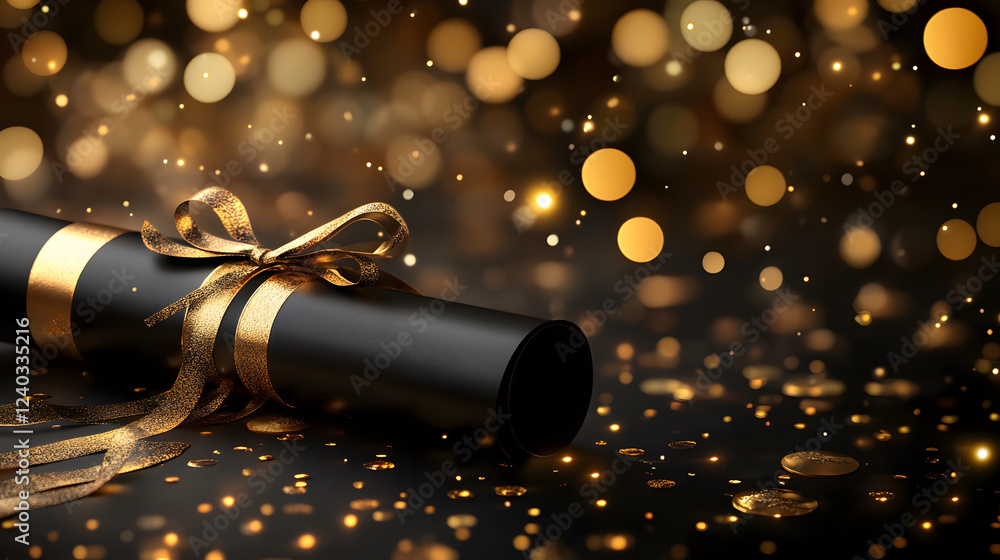 Poster a festive black roll with a gold ribbon lies on a shimmering background of golden bokeh lights, crea