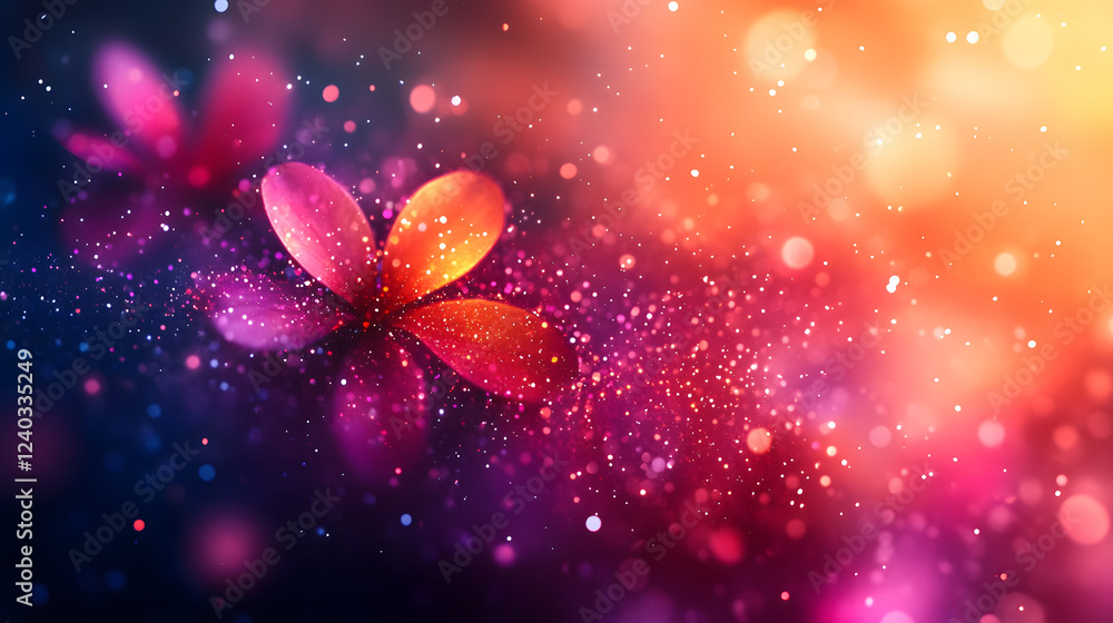 Poster A vibrant, abstract image featuring colorful flowers and a sparkling background, creating a dreamy and enchanting atmosphere