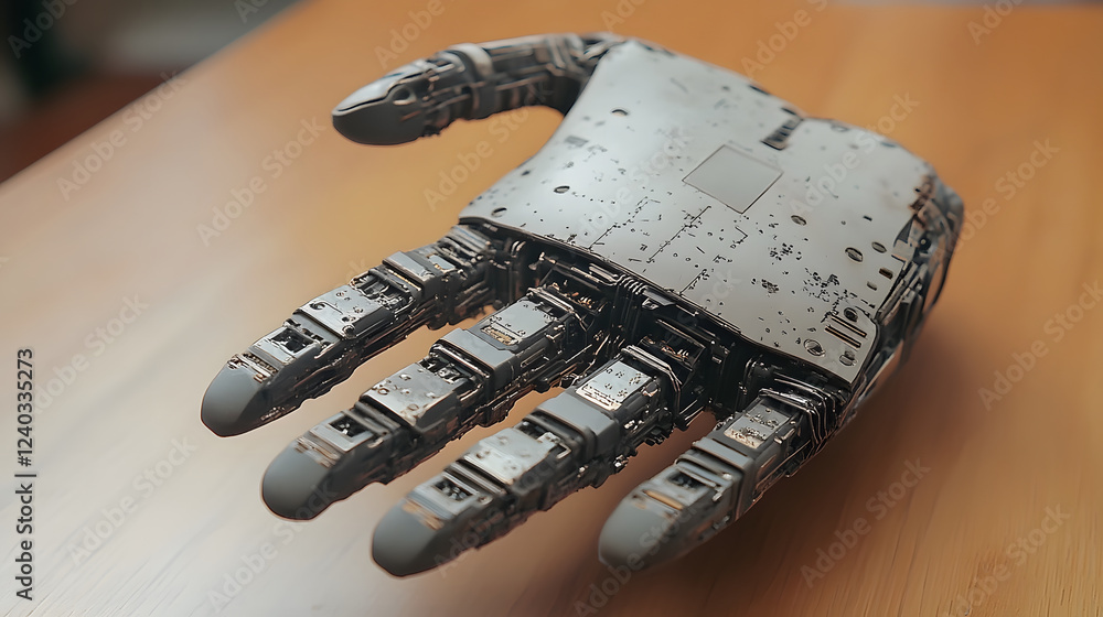 Poster a futuristic robotic hand rests on a wooden surface, showcasing intricate detailing and mechanical c