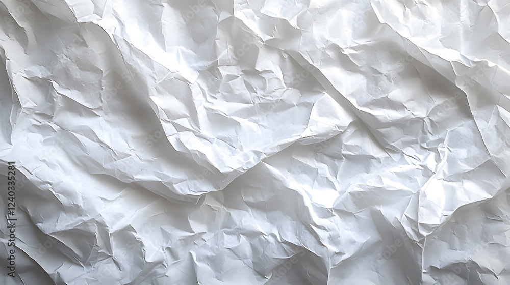 Fototapete A close-up of crumpled white paper, showcasing its textured surface and various wrinkles, creating a visually interesting pattern