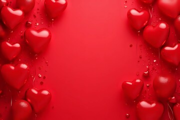 Background of red heart balloons. Festive photo zone for Valentine's Day. Background for cards, banners, invitations with copy space