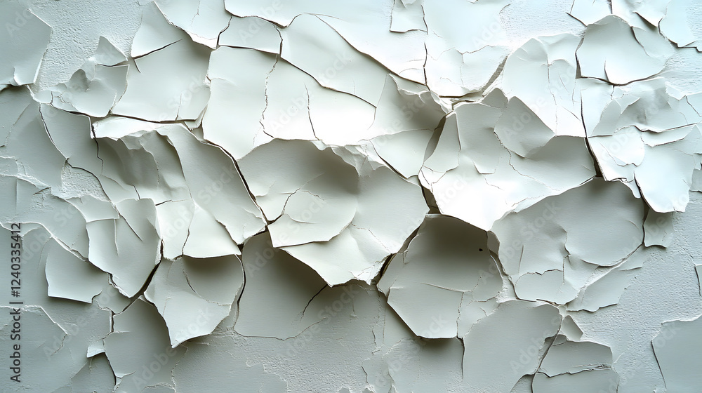 Poster a close-up view of peeling white paint on a textured surface, showcasing intricate layers and patter