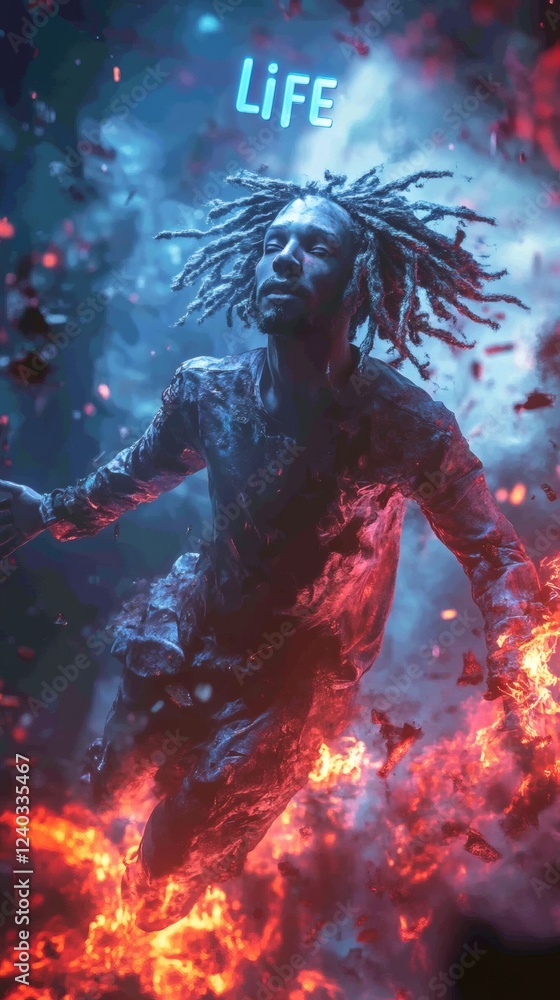 Poster hyperrealistic 3d rendering of a gothic man with silver dreadlocks floating in midair surrounded by 