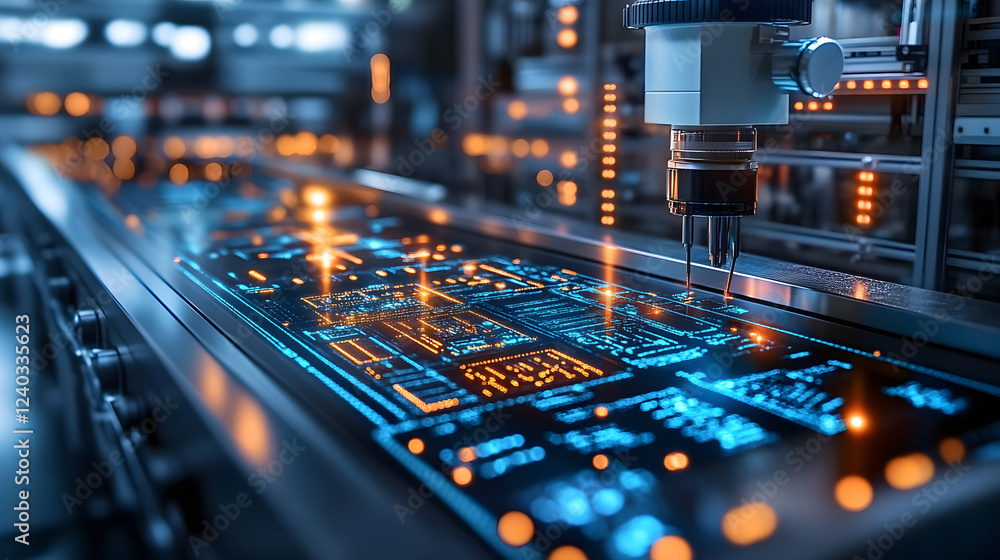 Poster A close-up of a futuristic circuit board with glowing components, showcasing advanced technology in a high-tech environment