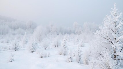 Snow-covered trees and meadow glistening with hoarfrost on a crisp winter day in a scenic landscape, frost, hoarfrost, landscape