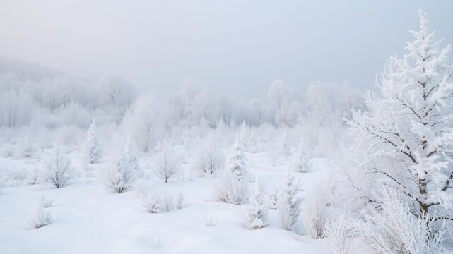 Snow-covered trees and meadow glistening with hoarfrost on a crisp winter day in a scenic landscape, frost, hoarfrost, landscape